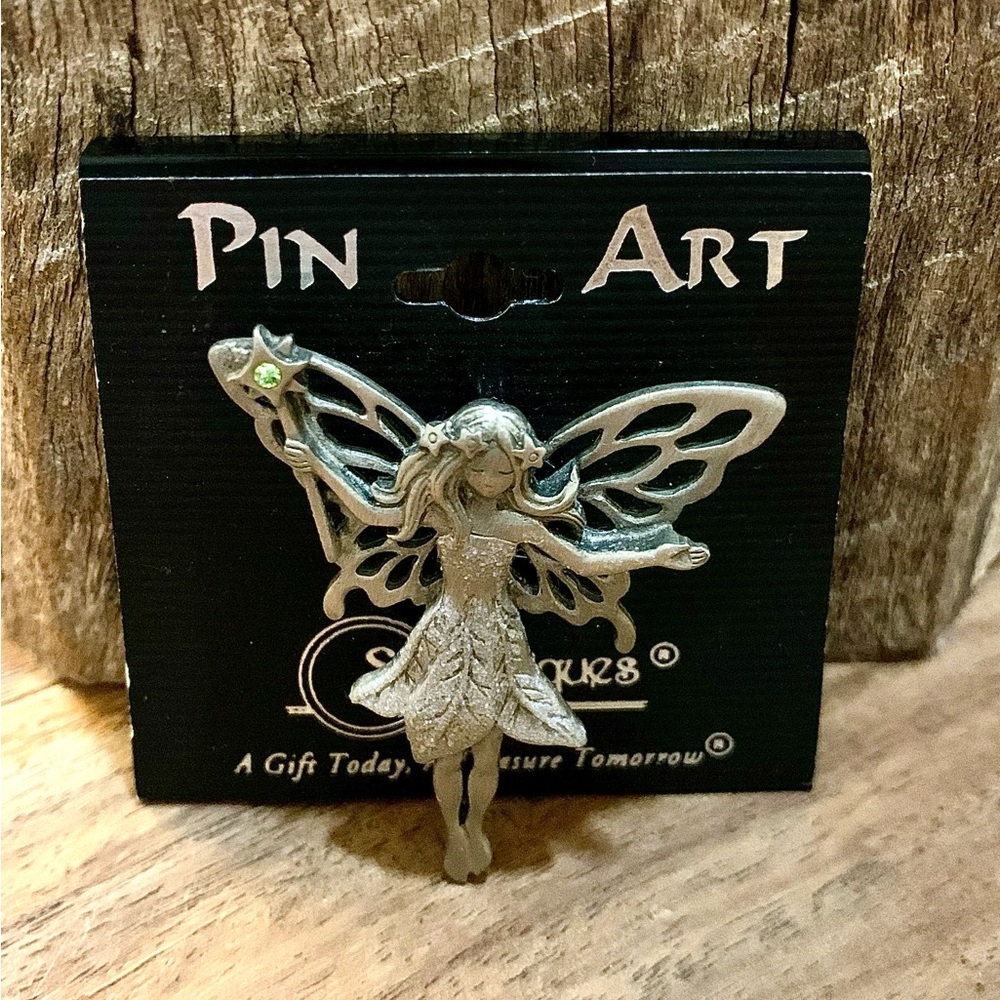 Artisan Silver-toned Fairy Pin w/ Green Crystal Wand & Purple Glitter Details